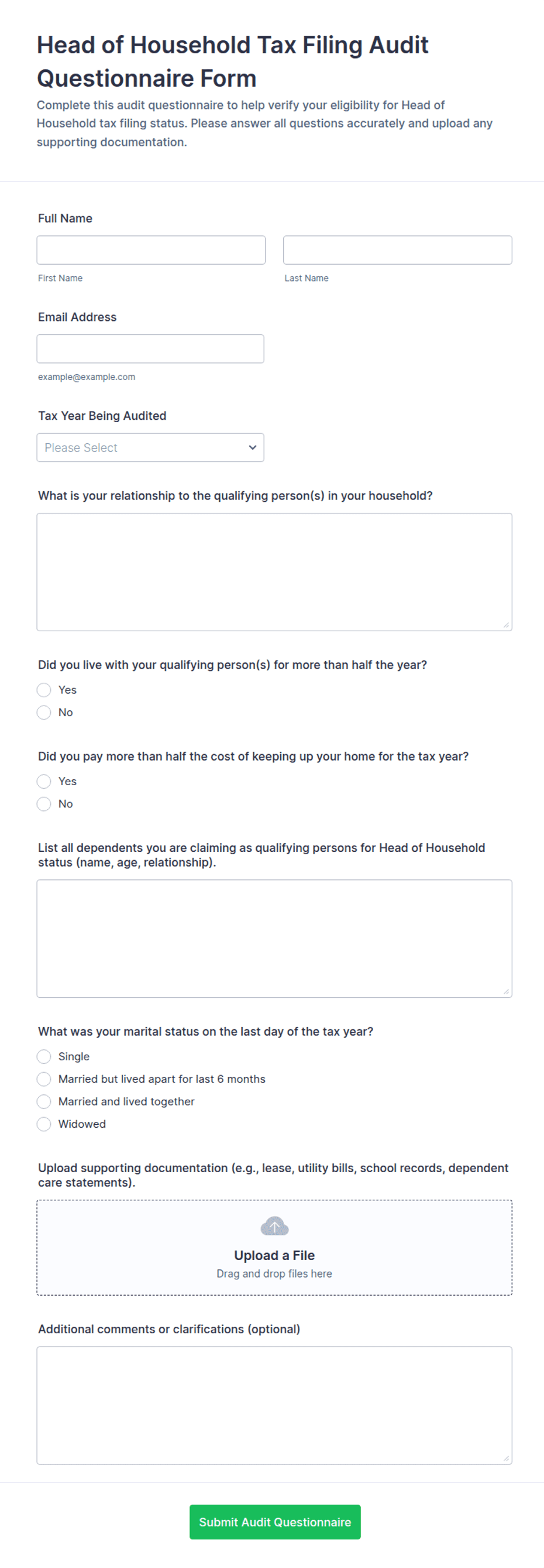 Head of Household Tax Filing Audit Questionnaire Form Template | Jotform