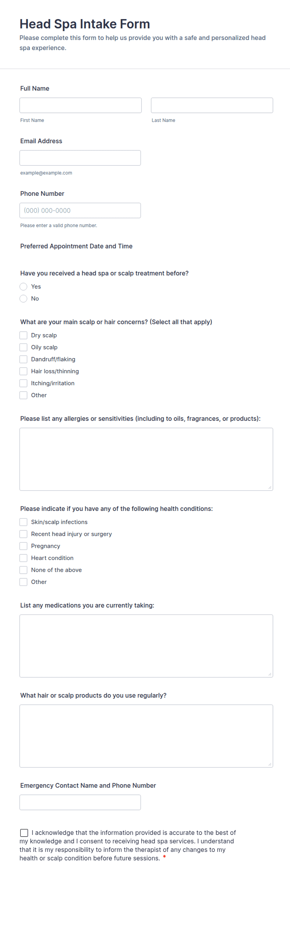Head Spa Intake Form Template | Jotform