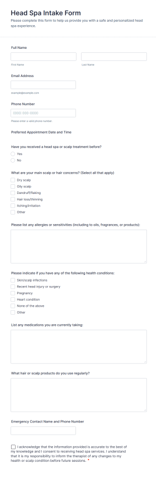 Head Spa Intake Form Template
