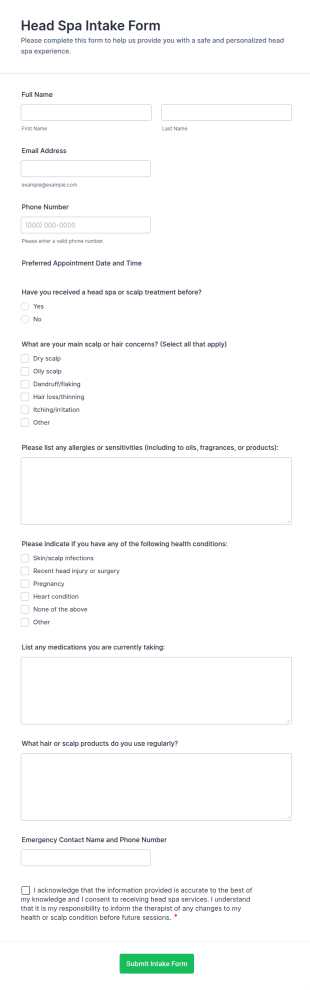 Head Spa Intake Form Template