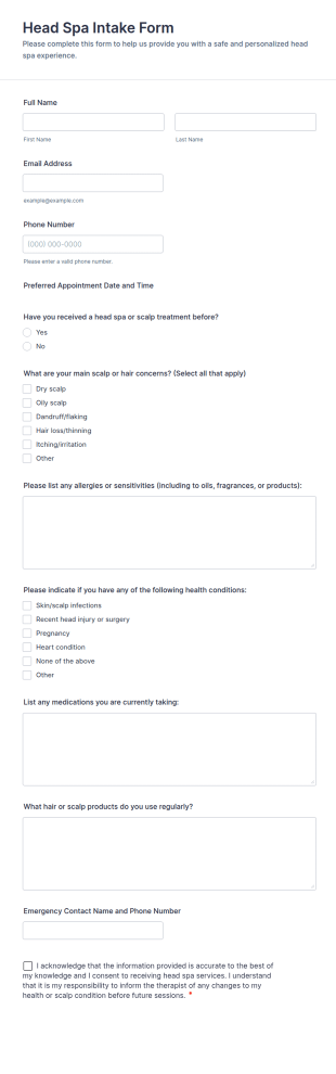 Head Spa Intake Form Template