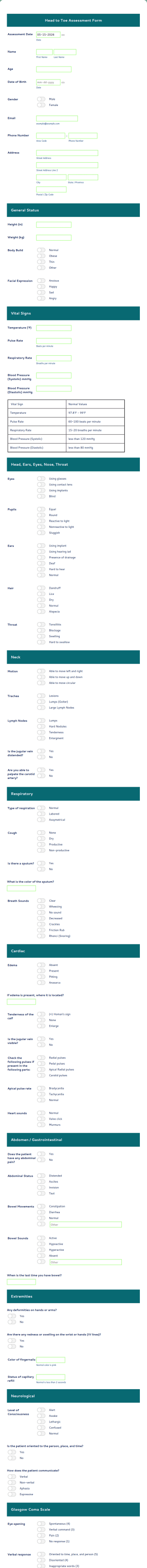 Head To Toe Assessment Form Template