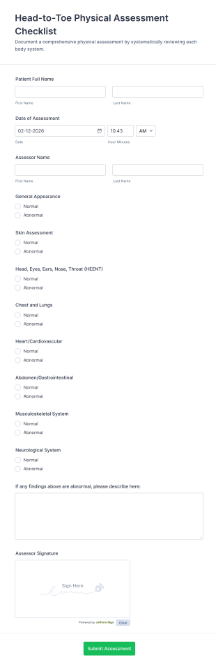 Head To Toe Physical Assessment Checklist Form Template