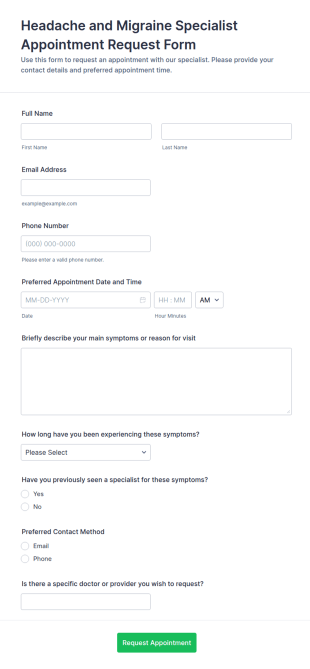 Headache And Migraine Specialist Appointment Request Form Template