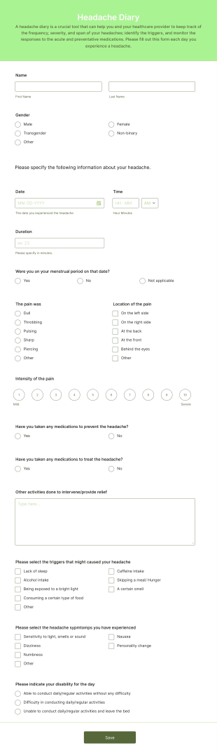 Headache Diary Form Template