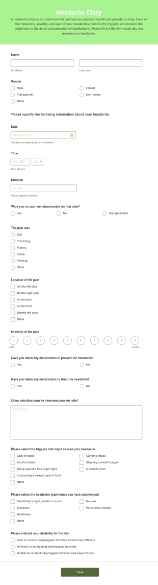 Headache Diary Form Template