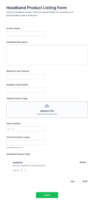 Headband Product Listing Form Template
