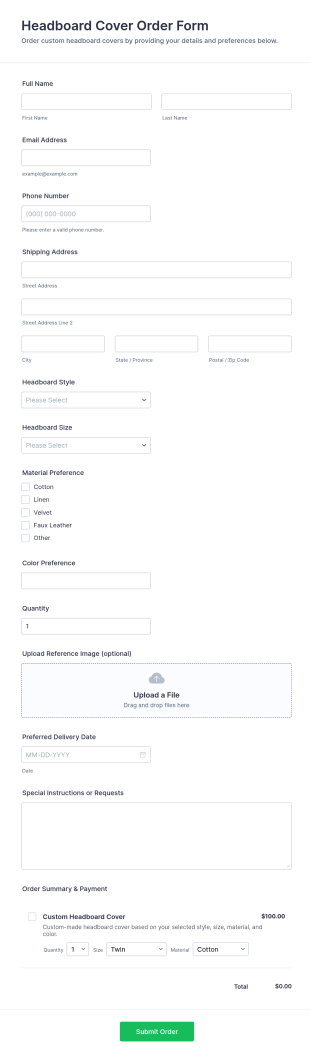 Headboard Cover Order Form Template