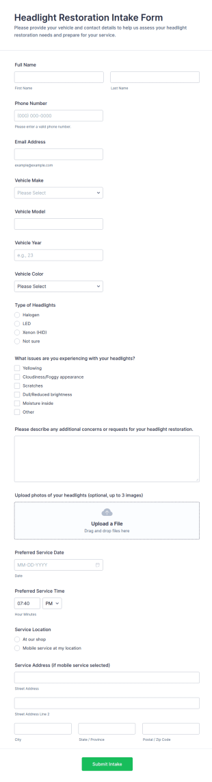 Headlight Restoration Intake Form Template