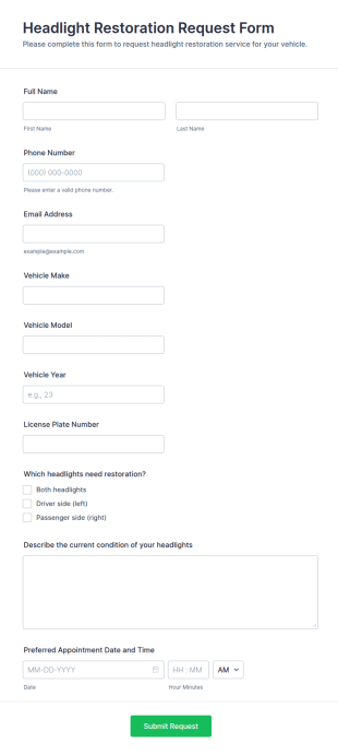 Headlight Restoration Request Form Template