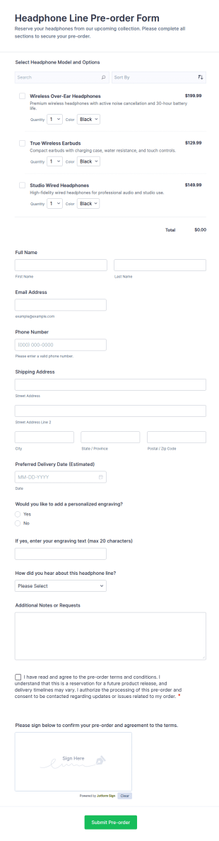 Headphone Line Pre Order Form Template