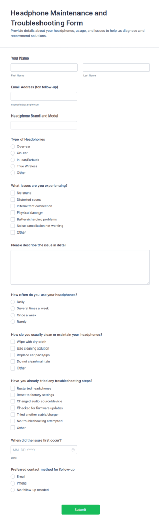 Headphone Maintenance And Troubleshooting Form Template