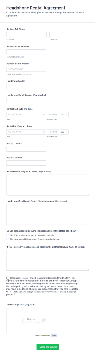 Headphone Rental Agreement Form Template