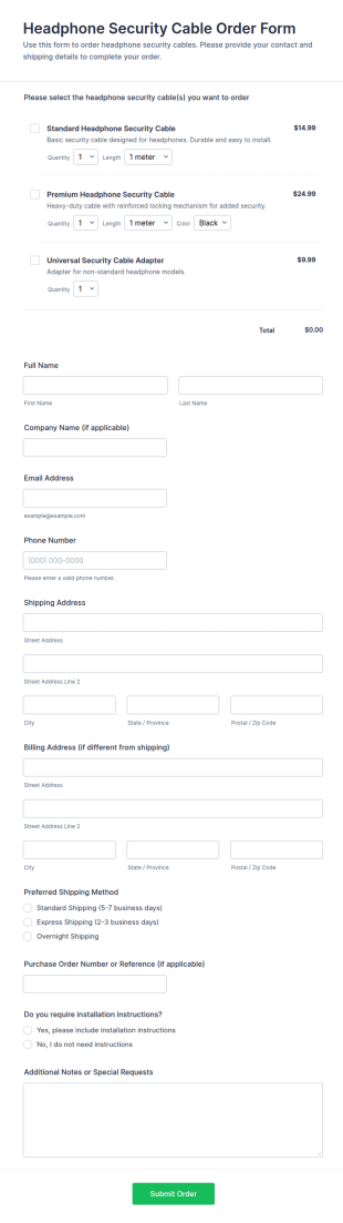 Headphone Security Cable Order Form Template