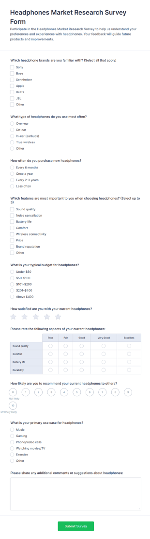 Headphones Market Research Survey Form Template