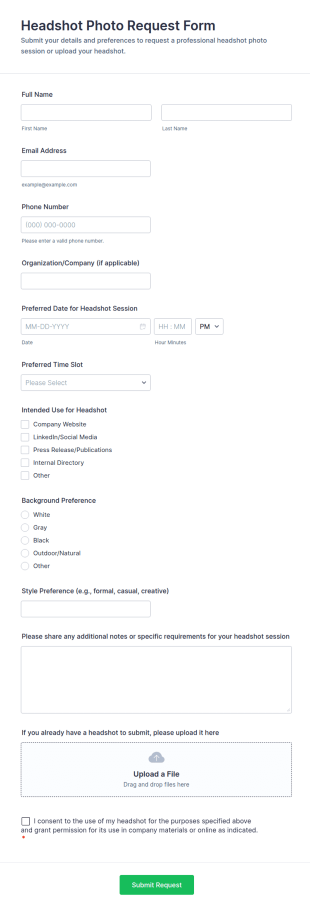 Headshot Photo Request Form Template