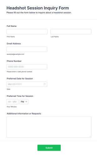 Headshot Session Inquiry Form Template