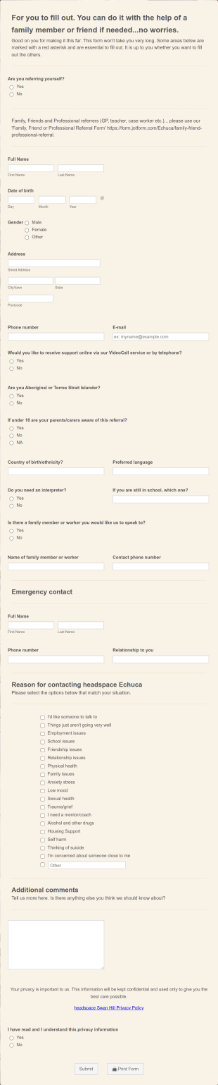Headspace | Self Referral Form Template