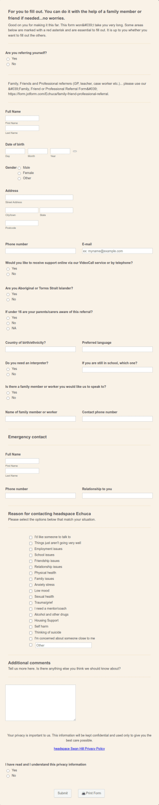 Headspace | Self Referral Form Template