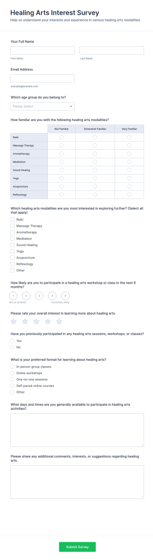 Healing Arts Interest Survey Form Template