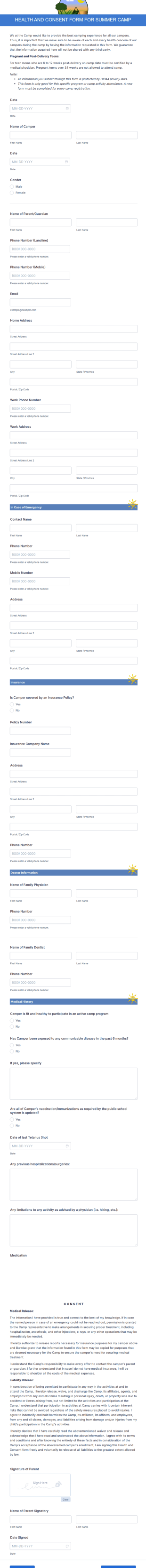 Health And Consent Form For Summer Camp