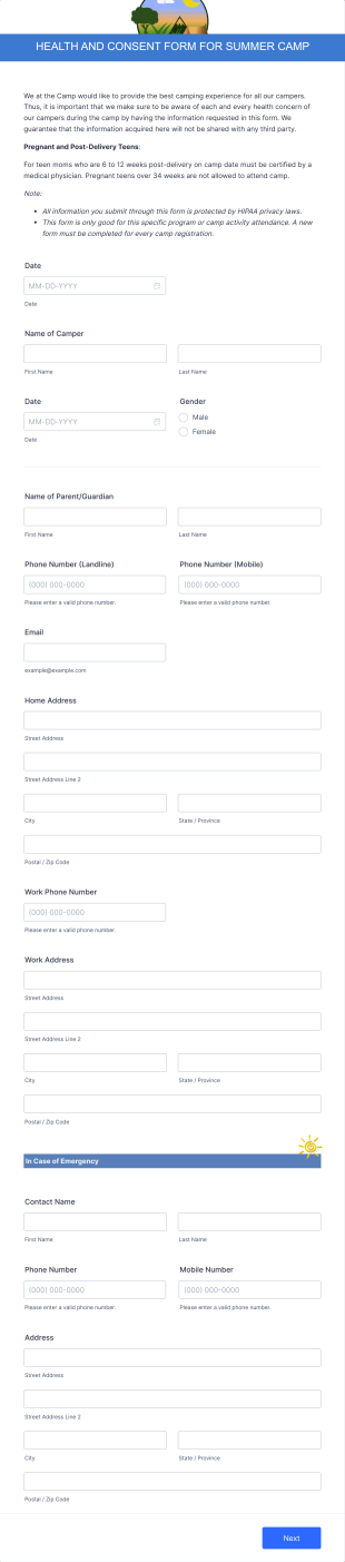Health And Consent Form For Summer Camp Form Template