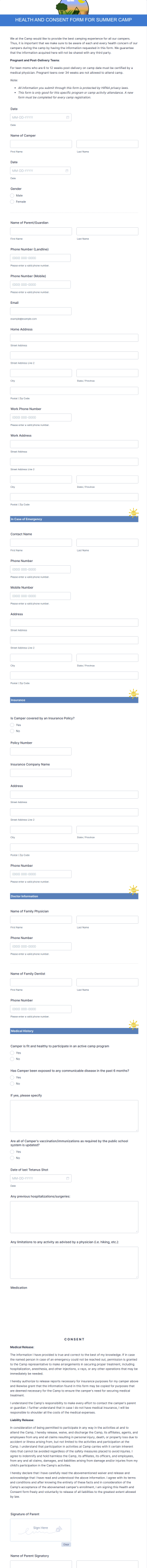 Health And Consent Form For Summer Camp Form Template