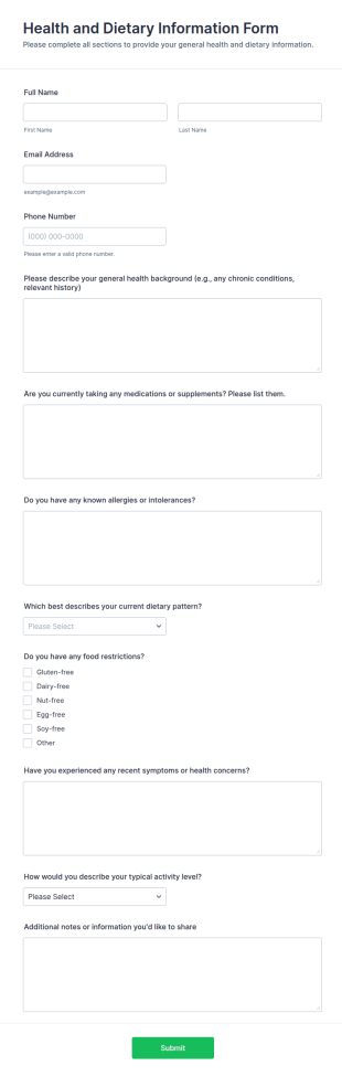 Health And Dietary Information Form Template