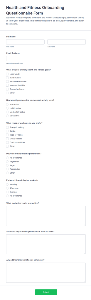 Health And Fitness Onboarding Questionnaire Form Template