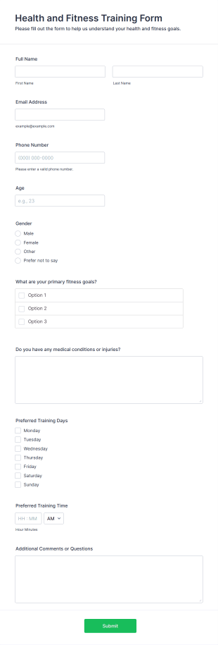Health And Fitness Training Form Form Template