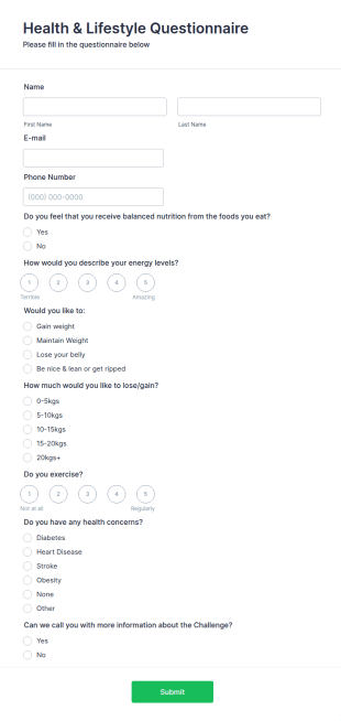 Health &amp Lifestyle Questionnaire Form Template