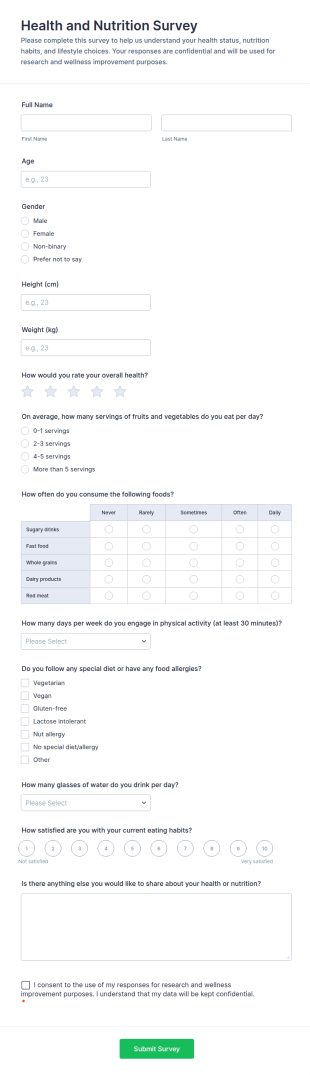 Health And Nutrition Survey Form Template