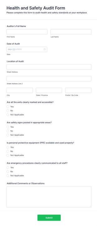 Health And Safety Audit Form Template
