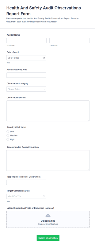 Health And Safety Audit Observations Report Form Template
