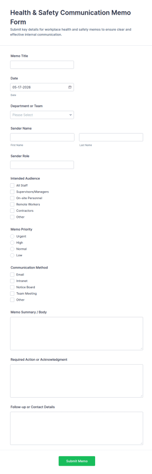 Health & Safety Communication Memo Form Template