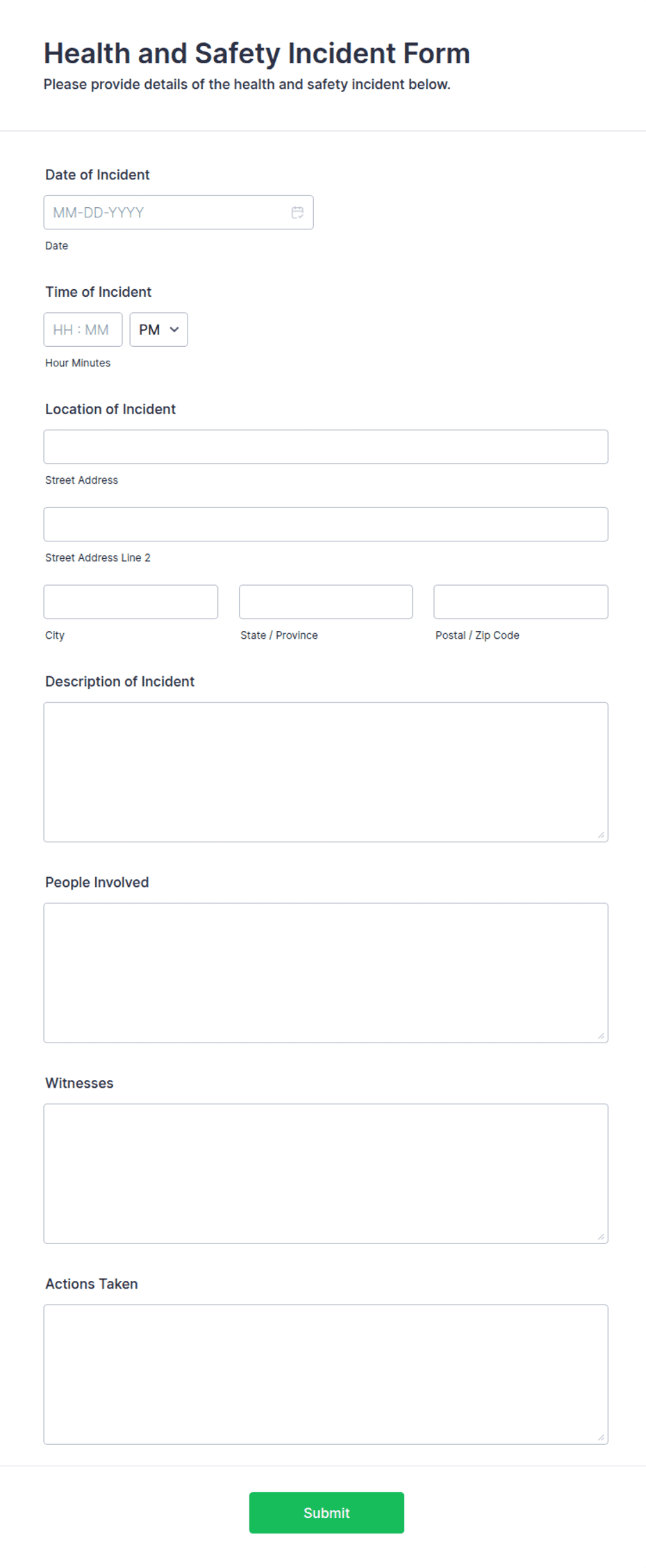 Safety Chain Forms Examples Health and Safety Incident Form Template | Jotform