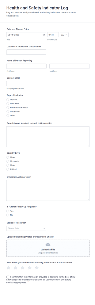 Health And Safety Indicator Log Form Template