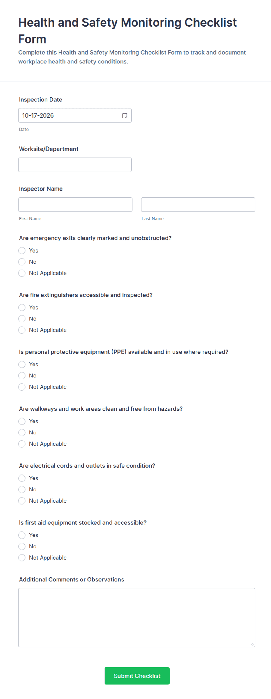 Health and Safety Monitoring Checklist Form Template | Jotform