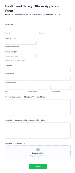 Health And Safety Officer Application Form Template
