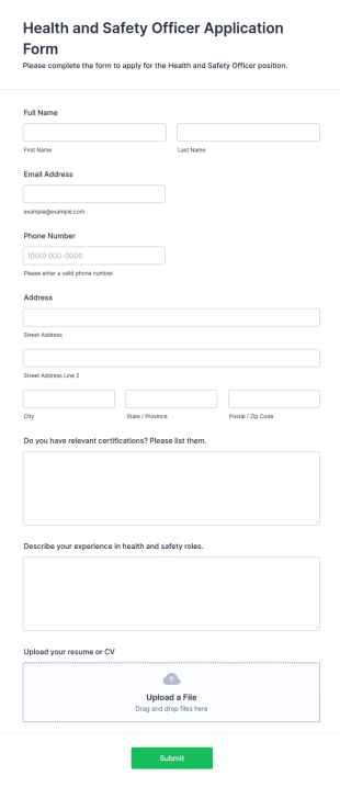Health And Safety Officer Application Form Template