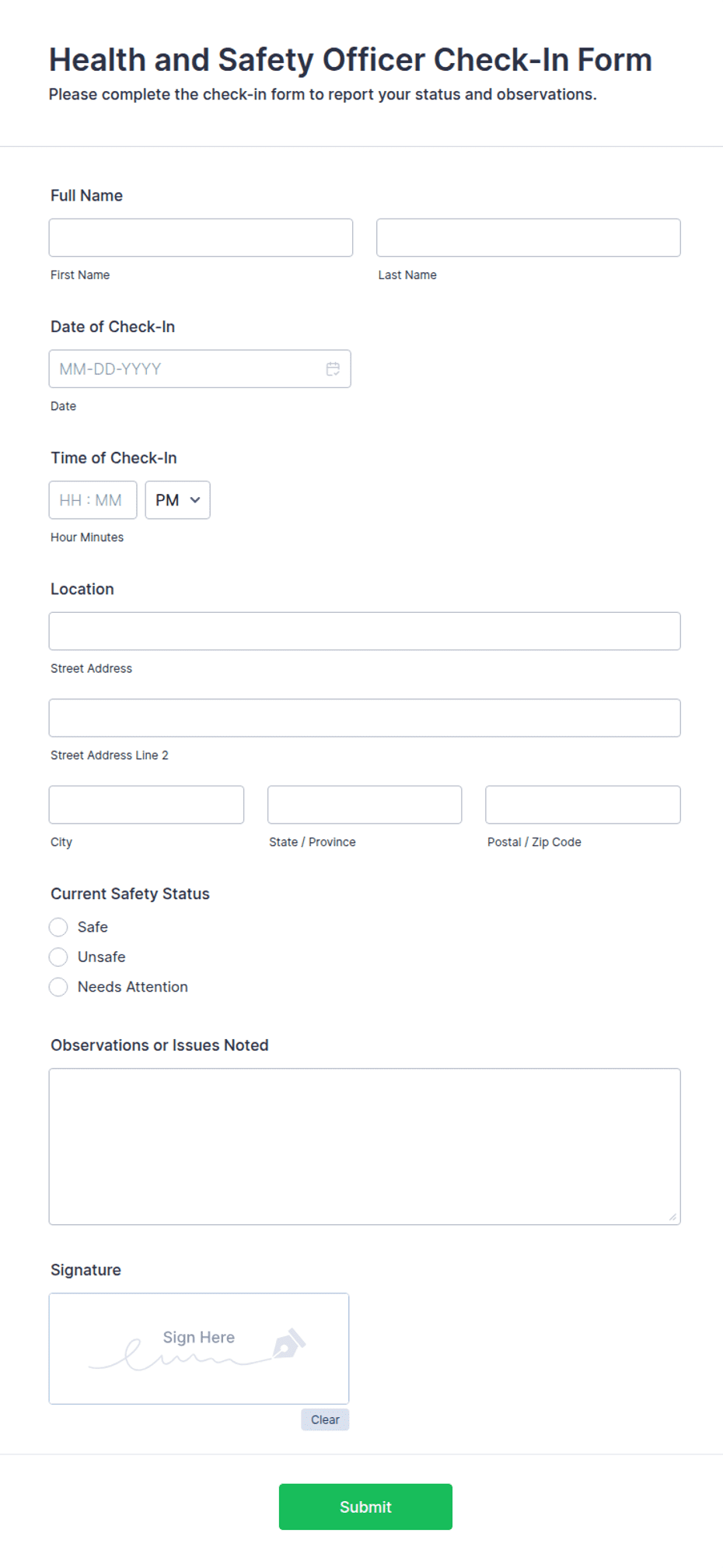 Health and Safety Officer Check-In Form Template | Jotform