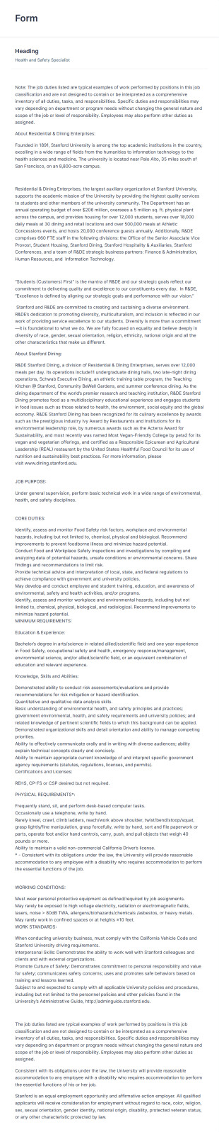 Health And Safety Specialist Form Template