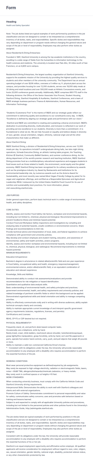 Health And Safety Specialist Form Template