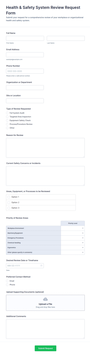 Health & Safety System Review Request Form Template