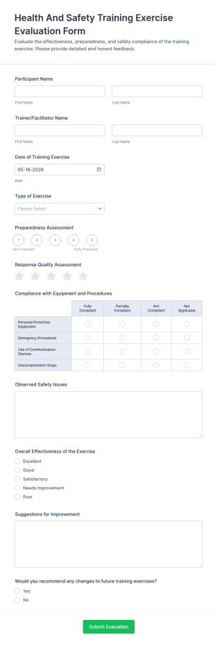 Health And Safety Training Exercise Evaluation Form Template
