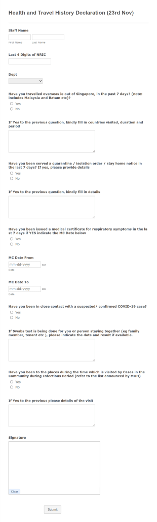 Health And Travel History Declaration Form Template