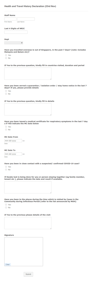 Health And Travel History Declaration Form Template