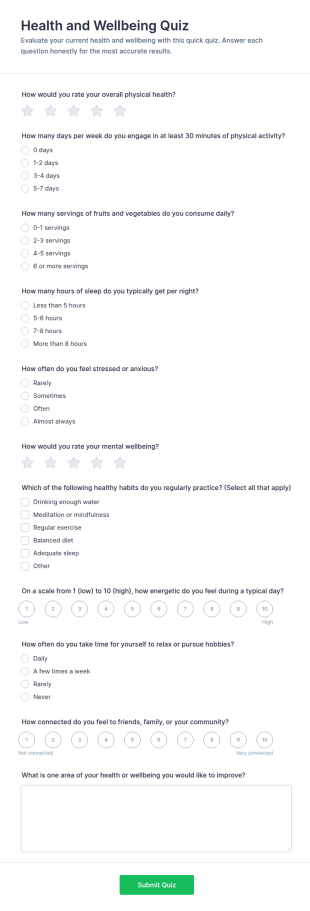 Health And Wellbeing Quiz Form Template