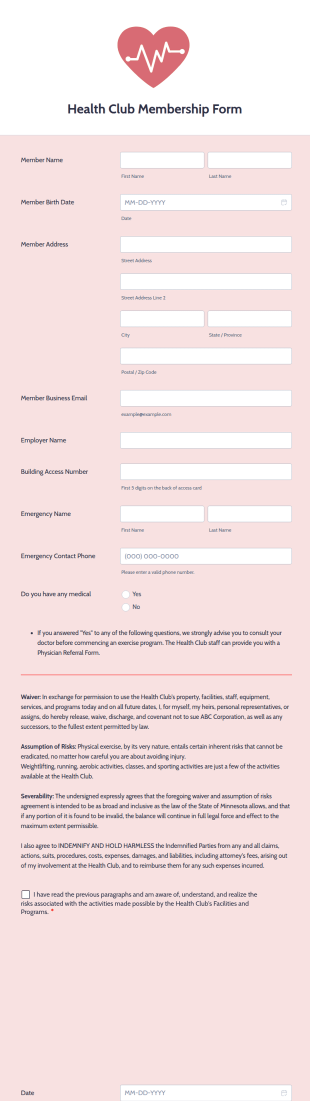 Health And Wellness Center Registration Form Template