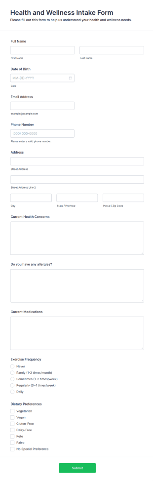 Health And Wellness Intake Form Template